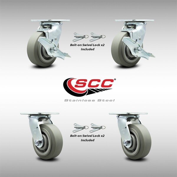 Service Caster 5 Inch SS Thermoplastic Caster Set with Roller Bearing 4 Swivel Lock 2 Brake SCC SCC-SS30S520-TPRRF-TLB-BSL-2-BSL-2 - main